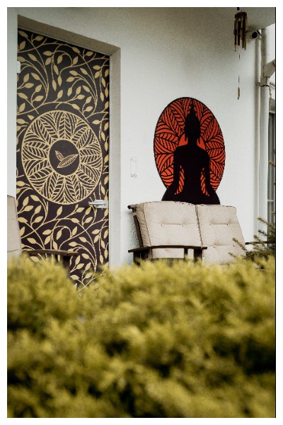 Intrarea în salon, cu ușa sculptată și Buddha pe roundel